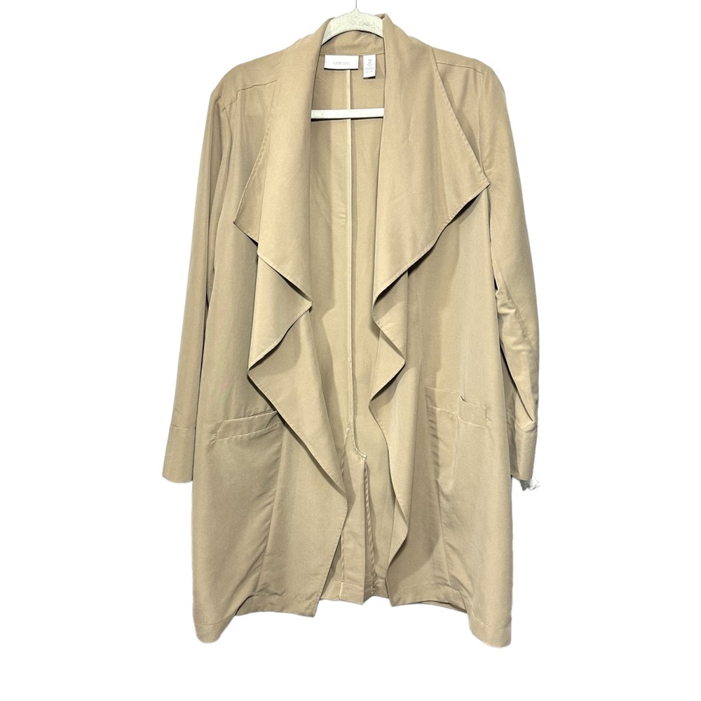 Chico's Womens Sz 2 (Large) Open Front Long Cardigan Light Brown Lightweight